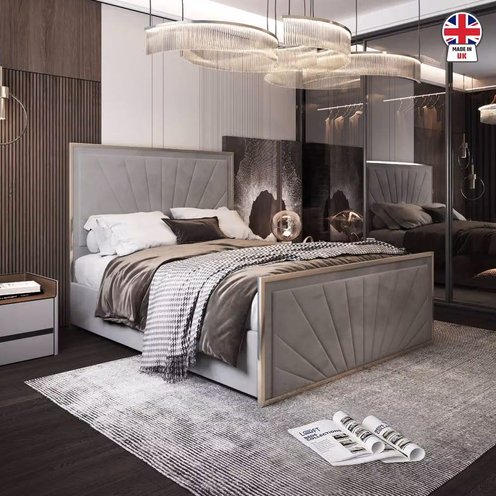KDMD Thornhill Modern Upholstered Velvet and Metal Designer Bed Frame in Grey, W/D/H: 140 x 200 cm – 3
