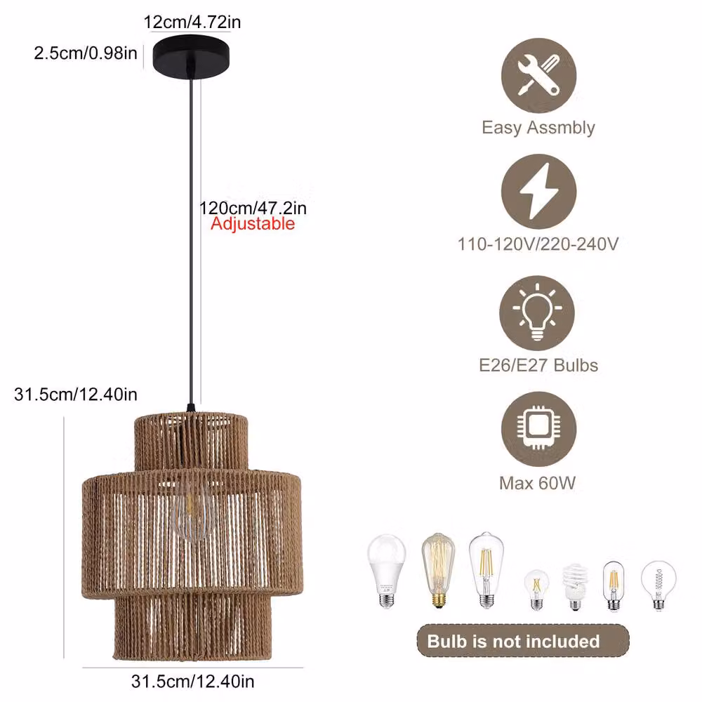 NIVOR Natural Boho Woven Rattan Pendant Light, Adjustable E27 Chandelier in Brown – 2