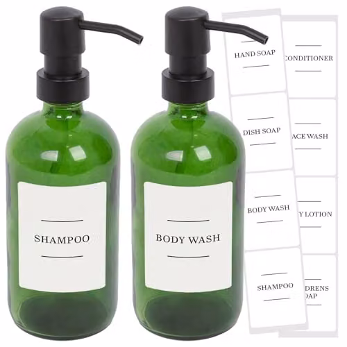 Harbour Housewares Pack of 2 Green Glass Soap Dispensers with Black Pumps and White Labels, 500ml