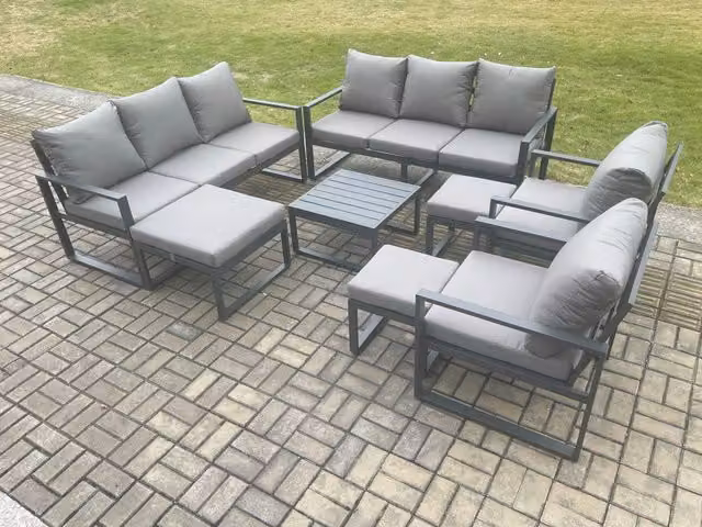 Fimous Modern Aluminium Outdoor Garden Furniture Set in Dark Grey with 3 Seater Sofa, 2 Armchairs, 3 Footstools and Coffee Table
