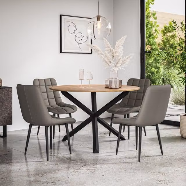 More4Homes Malvern Round Oak Effect Dining Table Set with 4 Grey Nova Faux Leather Chairs, Diameter: 120 cm