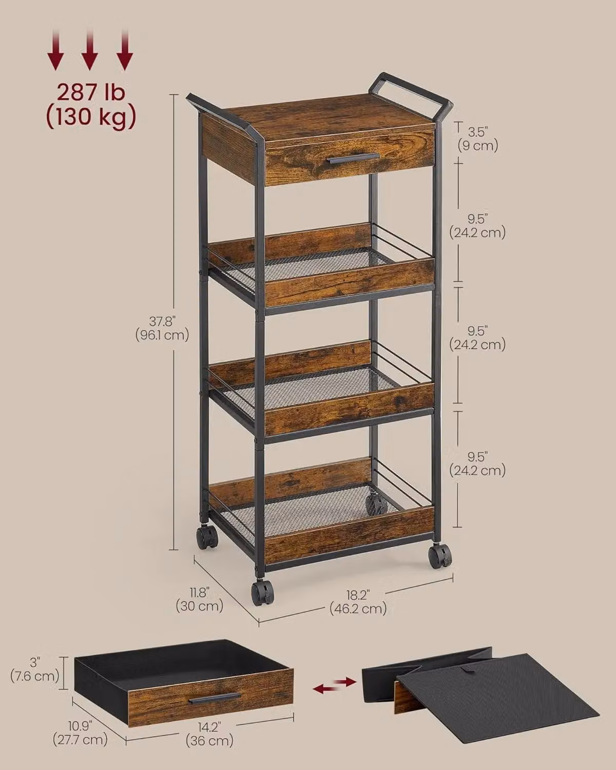 VASAGLE 4-Tier Rolling Storage Trolley Cart with Mesh Drawers and Lockable Castors in Brown – 2