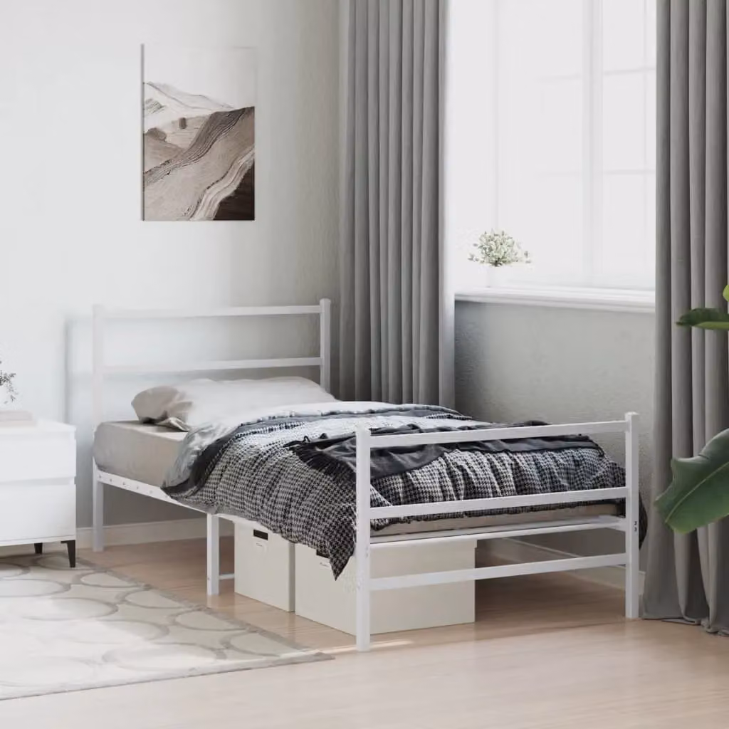 Berkfield Home Metal Bed Frame with Footboard, White, W: 107 cm, L: 203 cm – 3