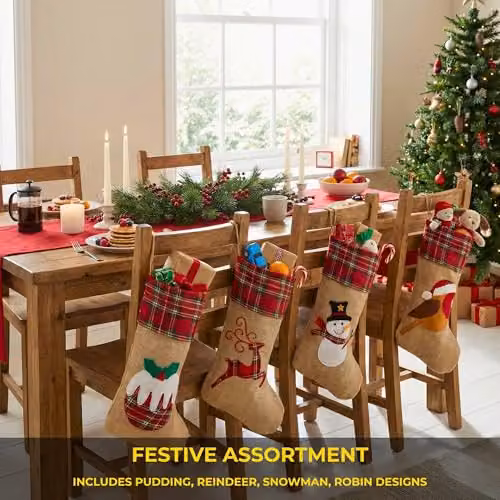 Shatchi Pack of 4 Rustic Burlap Christmas Stockings in Brown and Multicolour, 45 cm Hanging Sack Socks with Animal Designs – 5