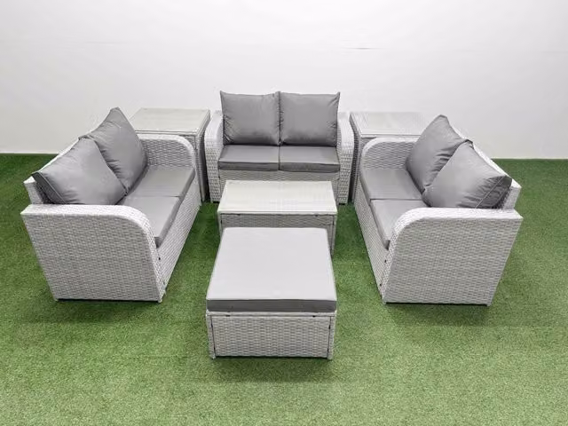 Fimous 7 Seater PE Wicker Rattan Garden Furniture Set in Light Grey with Rectangular Coffee Table, 2 Seater Love Sofa, Footstool and 2 Side Tables