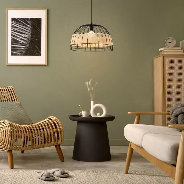Eglo ANWICK Black Single Pendant Light with E27 Socket and Rattan Details