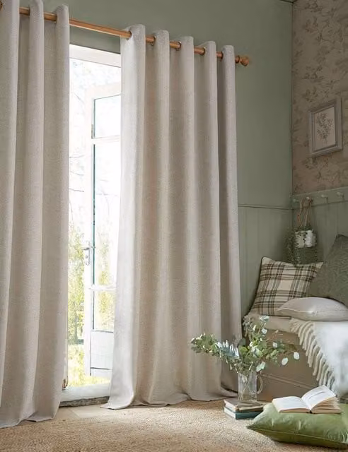 Laura Ashley Milbourne Herringbone Eyelet Curtains in Beige, W: 137 cm, H: 168 cm