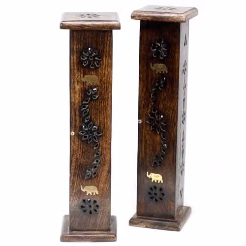 KDMD Square Tabletop Incense Tower with Brass Inlay in Brown Mango Wood – 1
