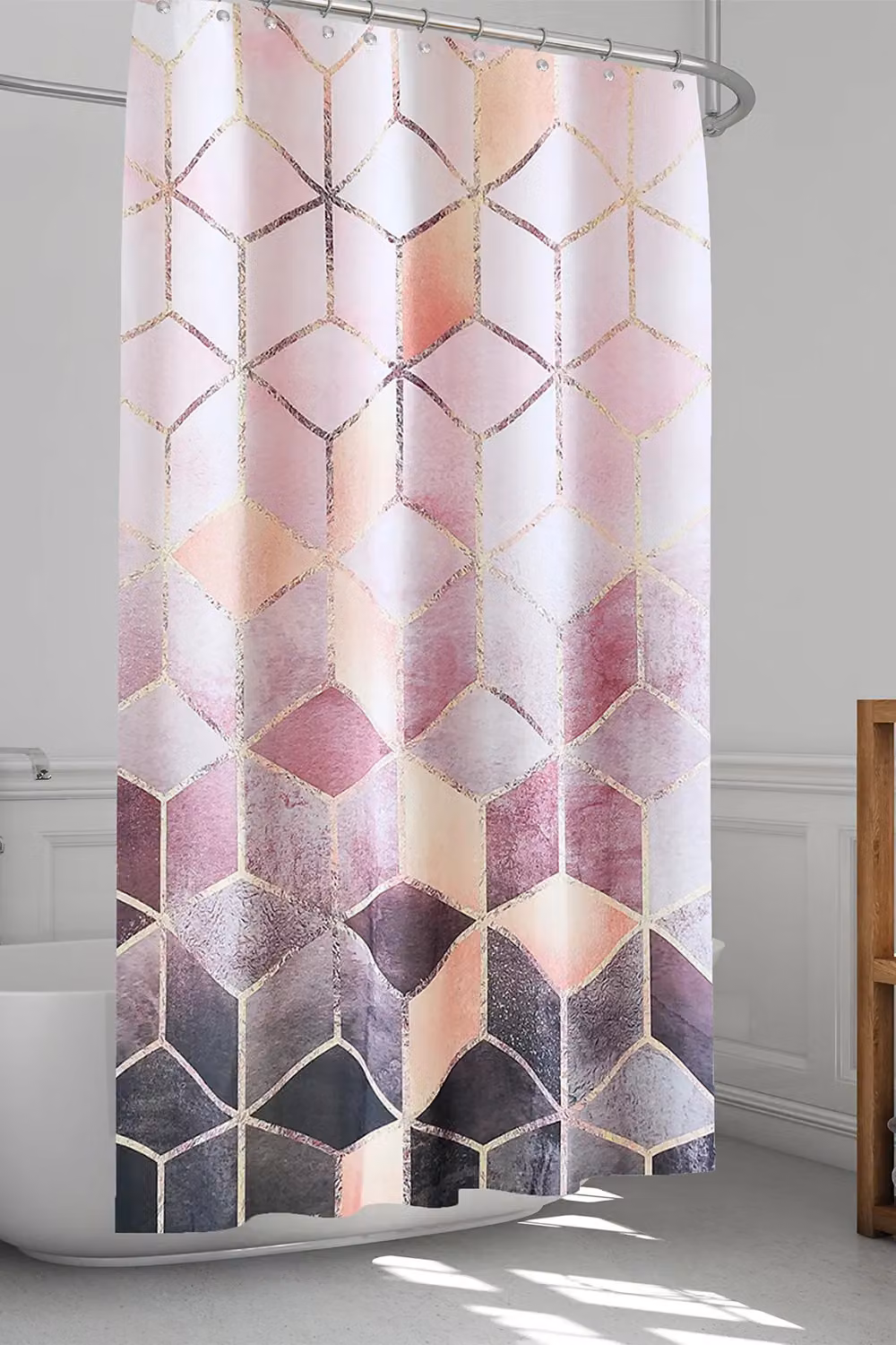 Neel Blue Geometric Pink Waterproof Shower Curtain with 12 Hooks, W/D/H: 180 x 180 x 180 cm – 4