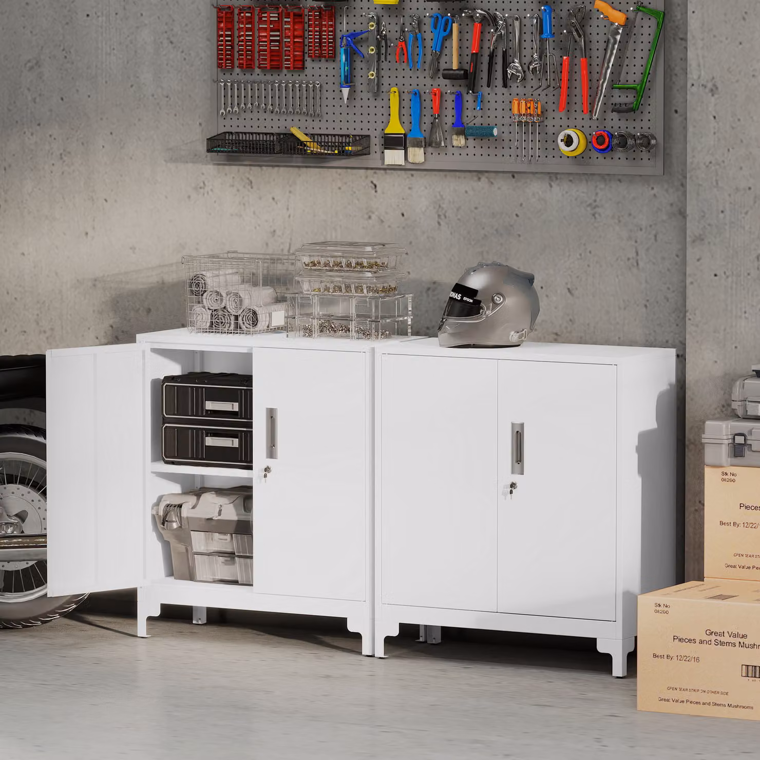 HOMCOM Lockable 2-Tier Metal Filing Cabinet with Hinged Double Doors, White Modern Office Organiser – 4