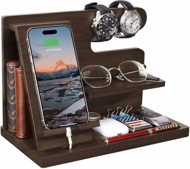 KORVIXA Wooden Desktop Phone Docking Station in Brown, W: 80 cm x D: 18.5 cm x H: 8 cm – 1