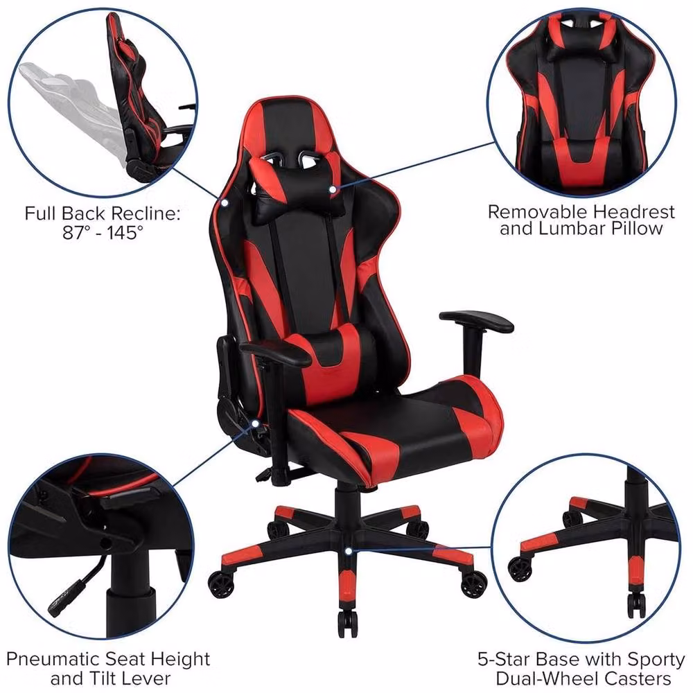 VOGREX X20 Black and Red Faux Leather Gaming Chair with Adjustable Headrest and Armrests – 3