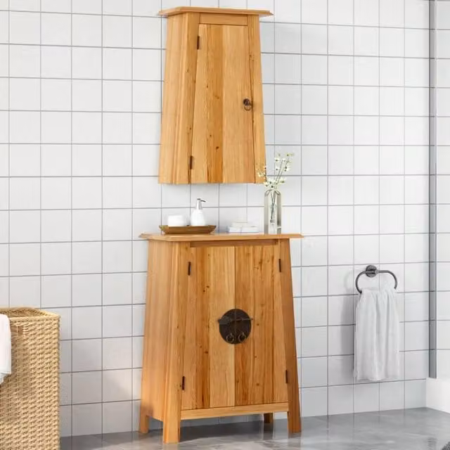 Berkfield Home 2 Piece Rustic Brown Solid Wood Pine Bathroom Furniture Set with Wall Cabinet
