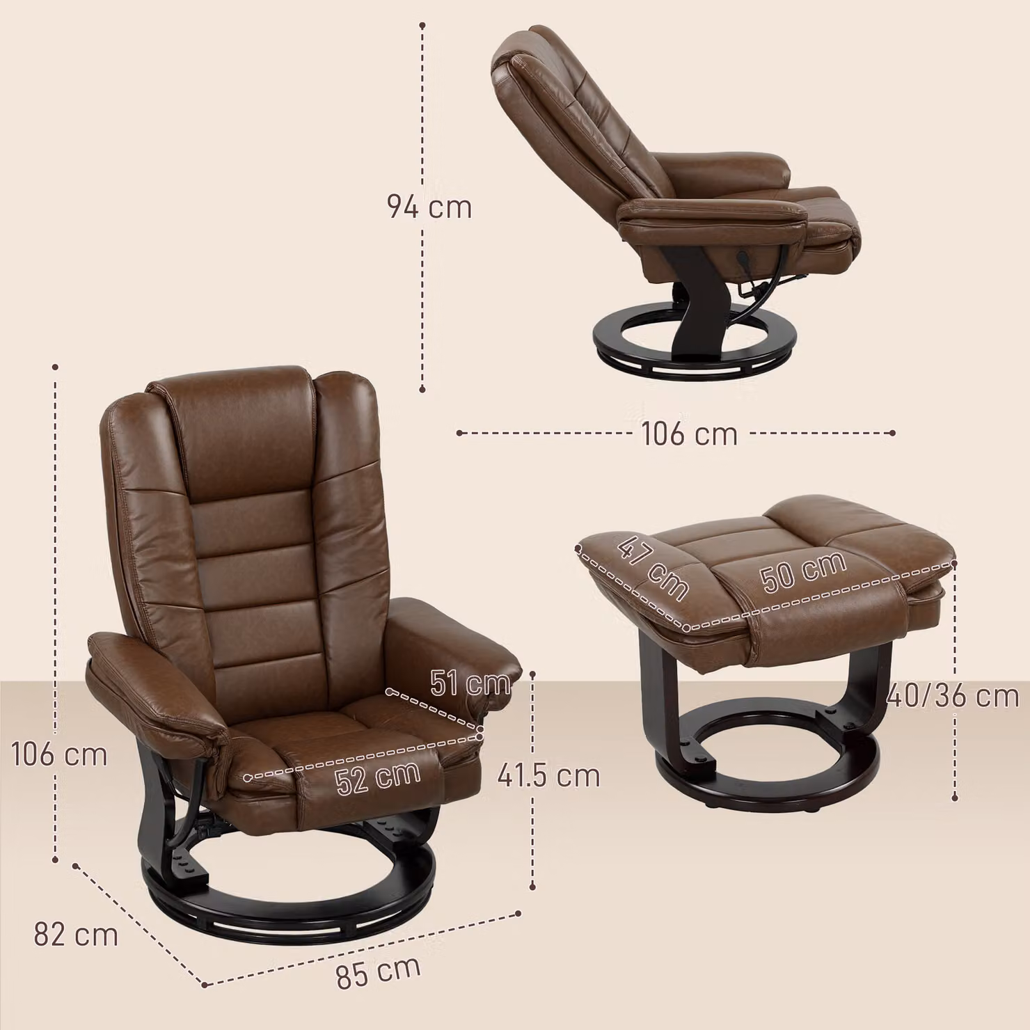 HOMCOM Faux Leather 135 Degree Reclining Chair with Matching Footstool and 360 Degree Swivel, Brown – 3