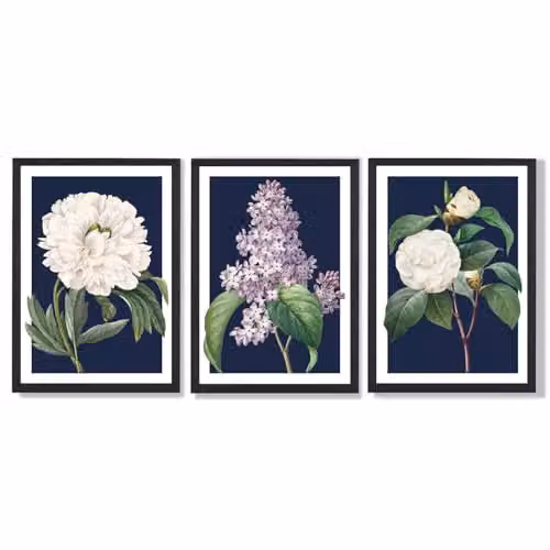 ARTZE Set of 3 Vintage Floral Botanical Wall Art Posters in Navy Blue with Black Frames, W: 33 cm, H: 45 cm, D: 2 cm – 1