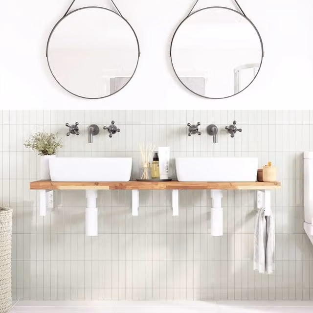 Berkfield Home Elegant Wall Mounted Basin Shelf in Brown Acacia Wood and Steel, W/D/H: 40 x 40 x 19 cm