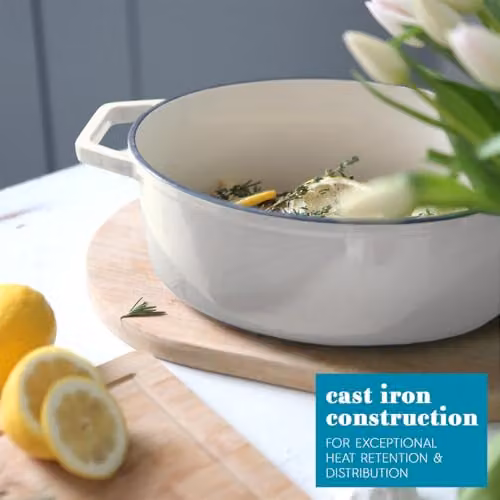 Argon Tableware Oval Enamelled Cast Iron Casserole Dish with Self-Basting Lid, White, 4.68 l – 3