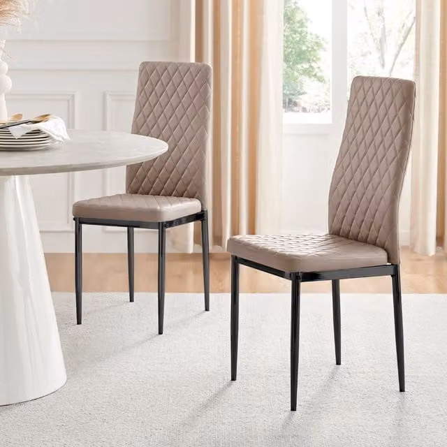 FurnitureboxUK Set of 4 Milan High Back Diamond Pattern Faux Leather Dining Chairs with Black Metal Legs in Beige