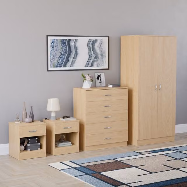 Vida Designs Riano 4 Piece Modern Bedroom Set in Pine Finish, including 2 x 1 Drawer Bedside Chests, 1 x 5 Drawer Chest and 1 x 2 Door Wardrobe