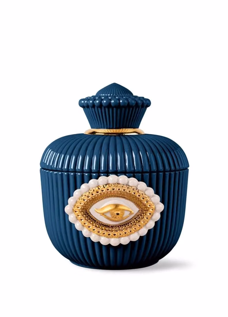 Lladró Lovers Eyes Blue Porcelain and Metal Round Tabletop Jewelry Box