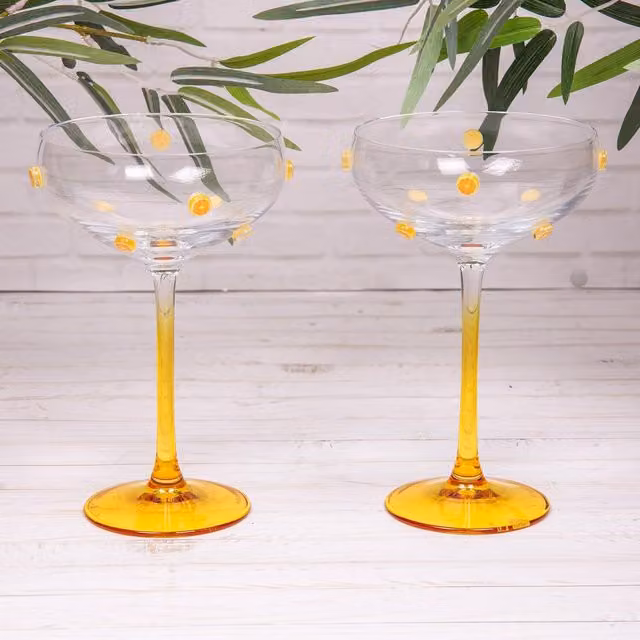 Annibells Set of 2 Orange Floral Cocktail Coupe Glasses with Saucers
