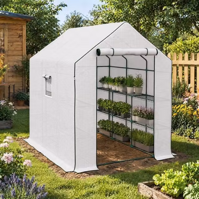 STILVORA Walk-in Greenhouse with 12 Shelves and Roll-up Door, White, H: 213 cm, W: 140 cm, D: 140 cm – 1