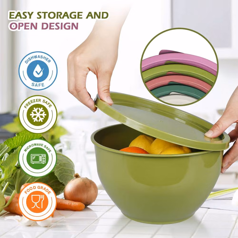 Greentainer 5 Piece Multicolour Nesting Plastic Mixing Bowls Set with Lids – 4