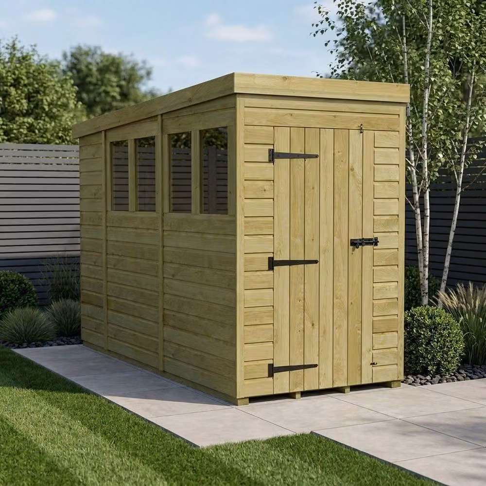 Buttercup Farm Pent Garden Shed with Single Door and Windows in Brown Timber W/D/H: 122 x 305 x 210 cm – 2