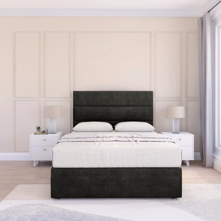 Sloomy Texas Divan Bed Base and Floor Standing Headboard in Anthracite Grey Velvet Fabric, W/D/H: 140 x 200 cm