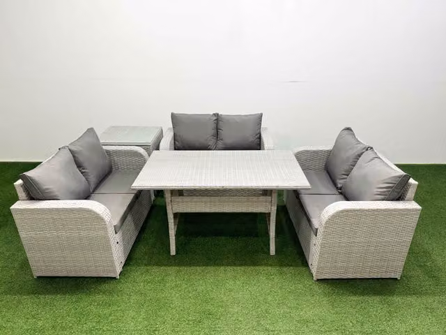 Fimous 6 Seater PE Wicker Rattan Garden Furniture Set in Light Grey with Rectangular Dining Table, 2 Seater Love Sofa and Side Table
