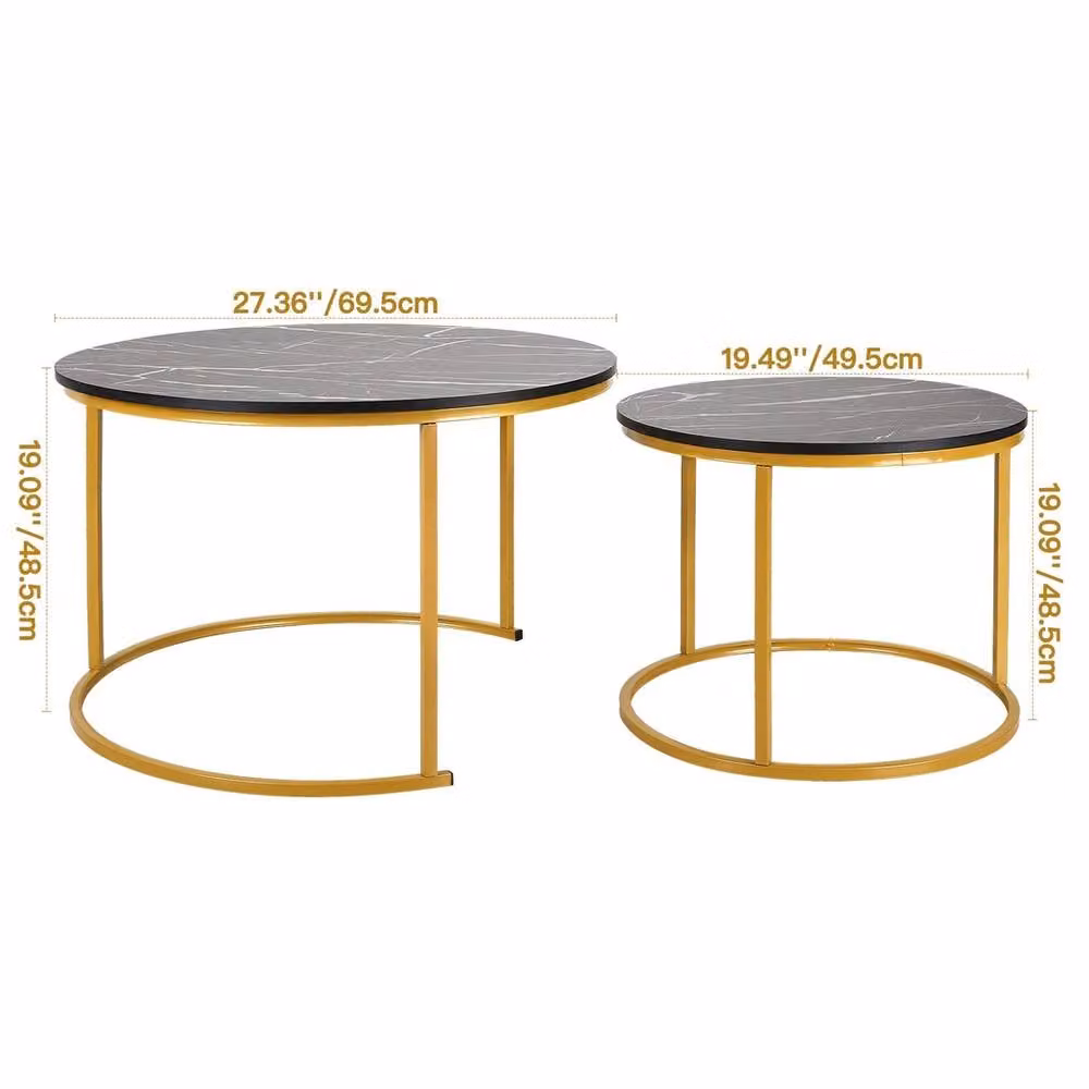 VOGREX Black Round Nesting Coffee Table Set of 2 with Wood Tops and Metal Sled Base – 2