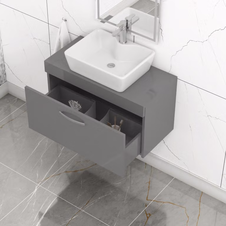 Royal Bathrooms Turin 800mm Indigo Grey Gloss Wall Hung 1-Drawer Unit and 370mm Square Countertop Basin