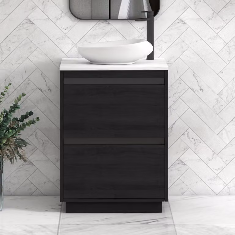 Orion Hale Black Floor Standing 2 Drawer Vanity Unit with Nova Carrara White Countertop and Black Accent Trim by Royal Bathrooms