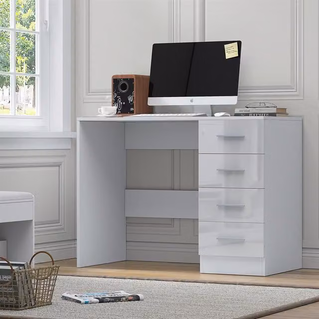 Reflect 4 Drawer High Gloss Desk in White Gloss and Matt White, W/D/H: 99 x 39.5 x 72 cm