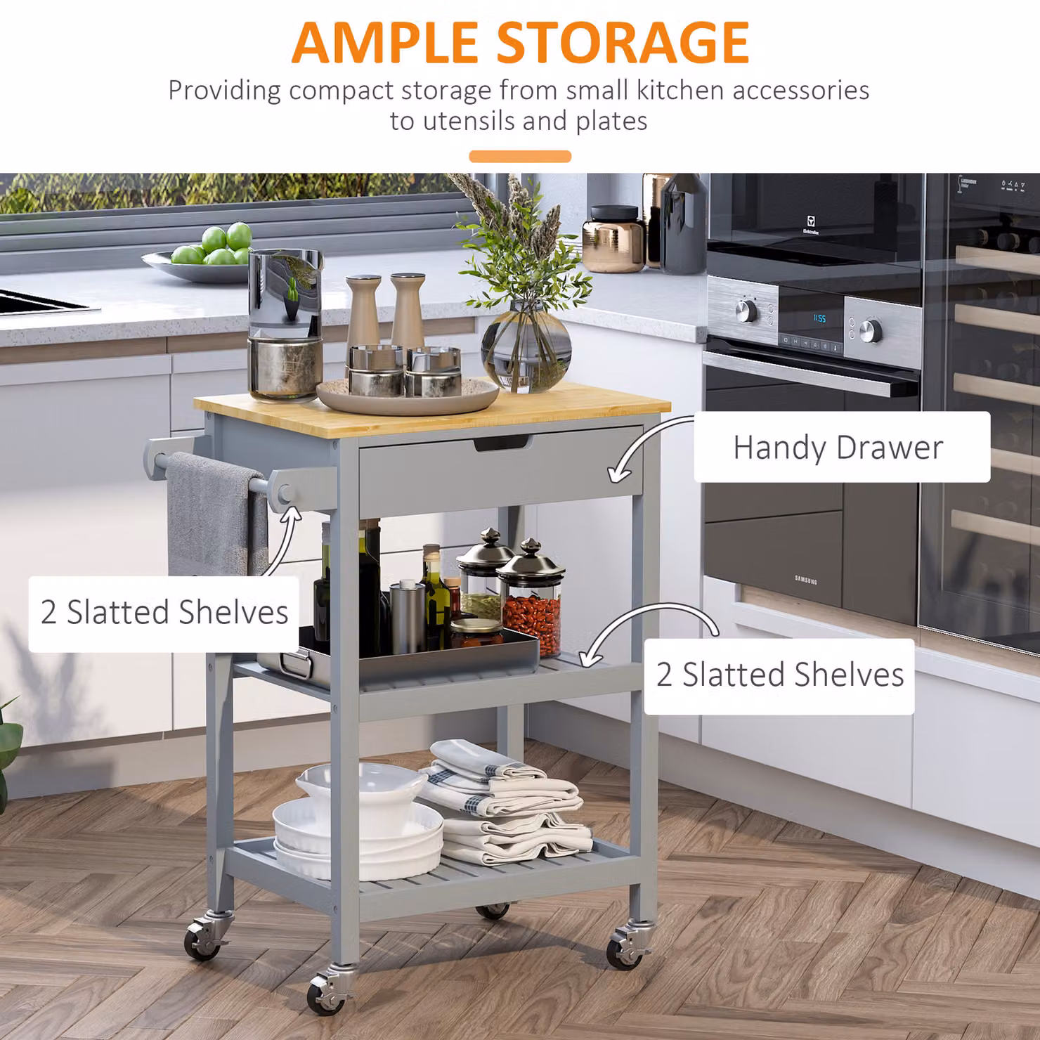 HOMCOM Grey Kitchen Trolley Utility Cart with Rubberwood Worktop, Towel Rack, Storage Shelves and Drawer – 4