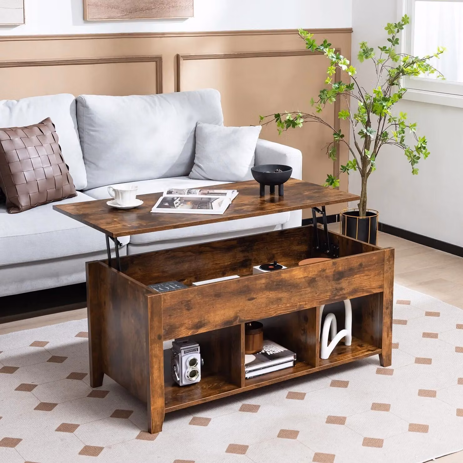 Costway Modern Wooden Lift Top Coffee Table in Brown – 3
