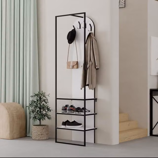 FWStyle Retro Hallway Coat Rack and Shoe Storage Unit in White
