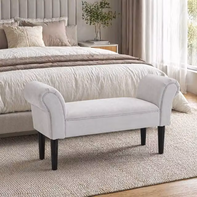 STILVORA Modern Upholstered Bench with Rolled Sides in Grey Fabric
