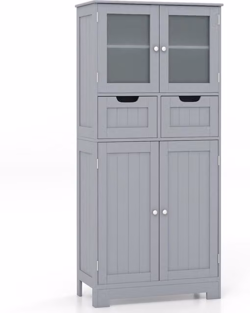 Gymax Tall Grey Bathroom Cabinet with Double Hinged Doors and 2 Internal Drawers – 1