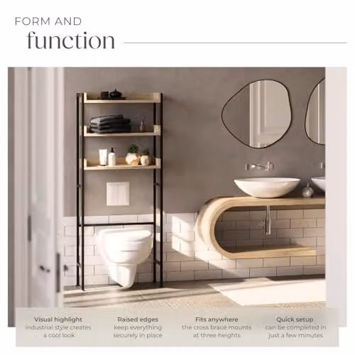 tectake Industrial Style 3-Tier Bathroom Storage Shelf with Adjustable Wooden Shelves and Steel Frame, Light Brown, H x W x D: 165.5 x 67 x 25 cm – 4