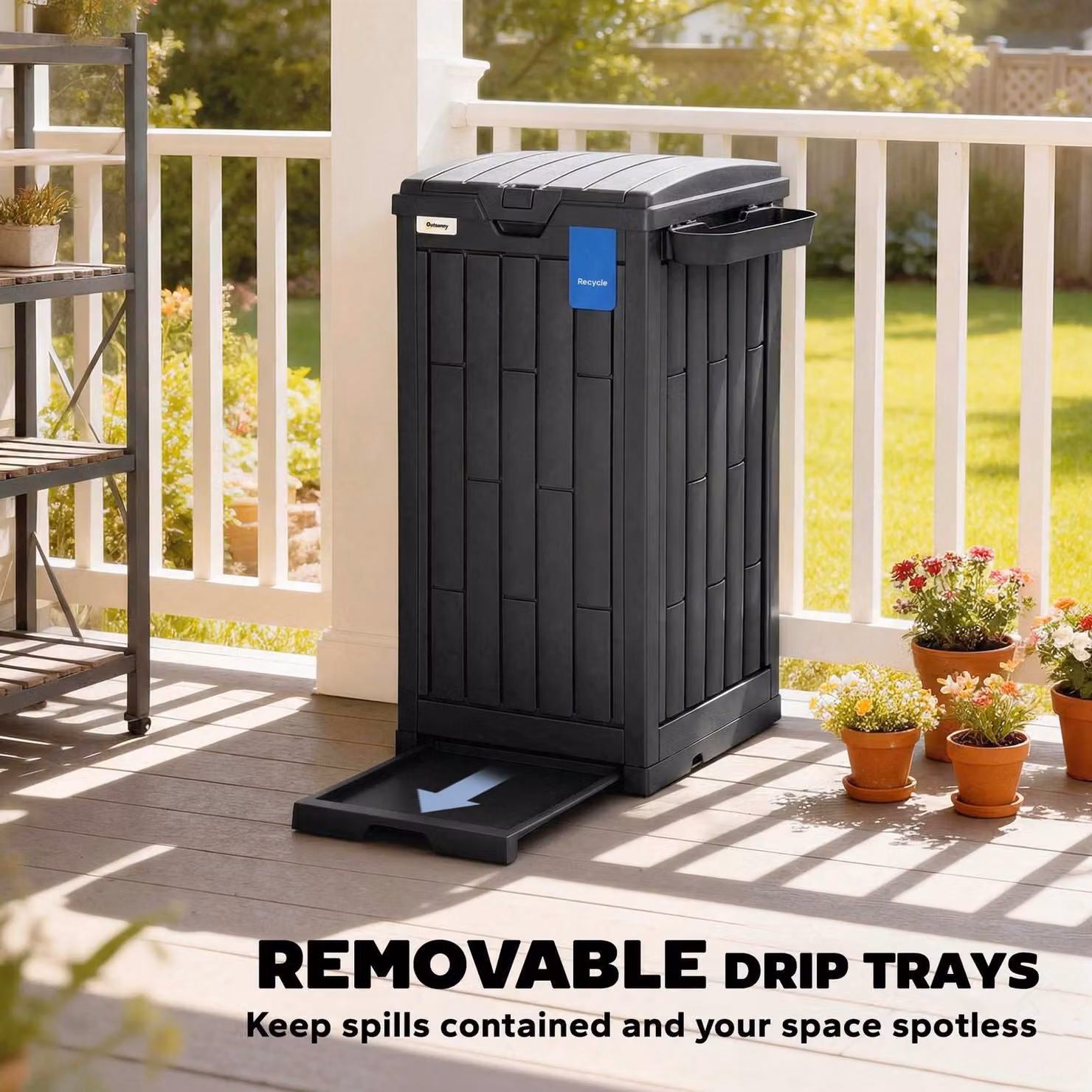 Outsunny 110 L Outdoor Plastic Bin with Dual Lid and Ashtray, Black – 7