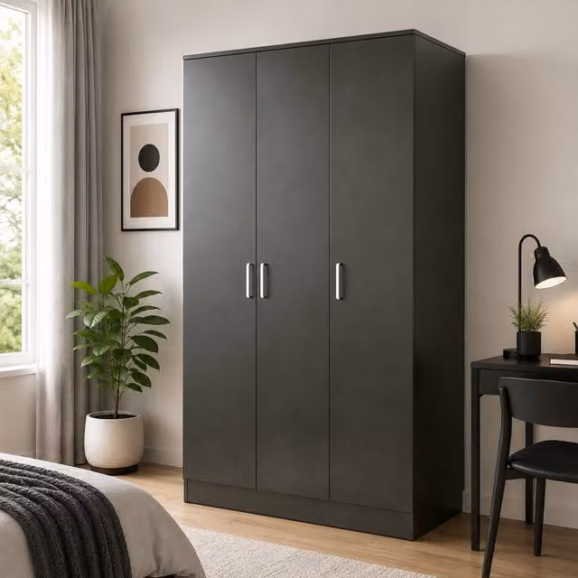 VENICE Modern 3 Door Black Wardrobe with Internal Shelves and Hanging Rod, Width: 120 cm
