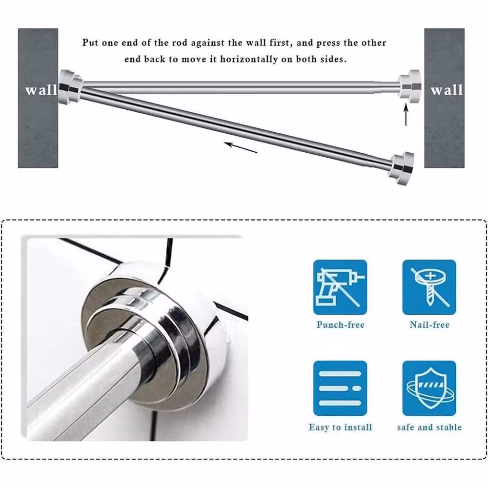 FLAVORA 4-Piece Silver Stainless Steel Telescopic Shower Curtain Rods with Tension Clamp – 2