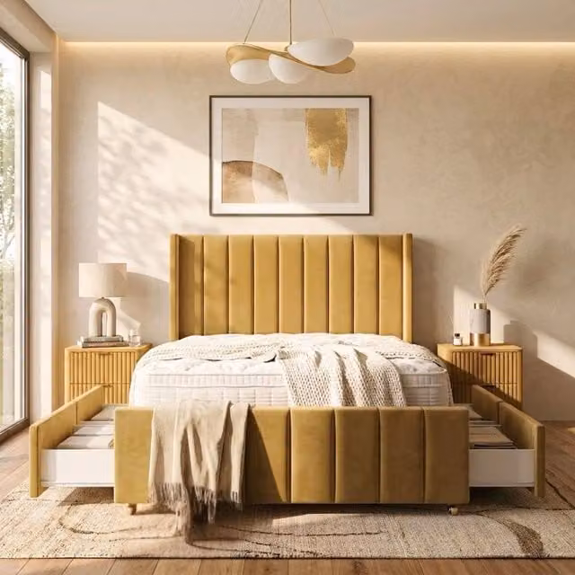 Stratus Interiors Oulton Wingback Divan Bed with Panel Headboard and 4 Drawer Storage in Yellow, W/D/H: 120 x 200 cm – 1