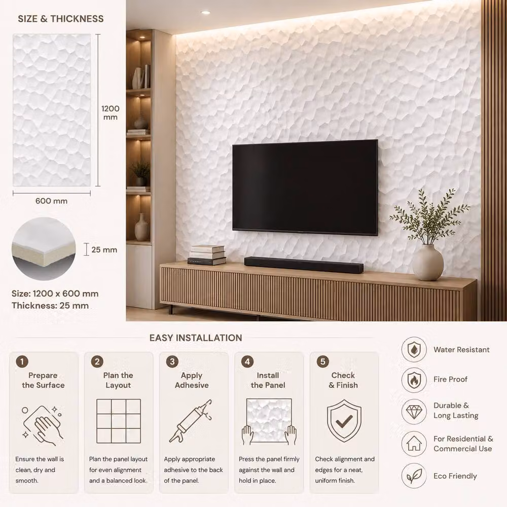 ENER-J Pebble Jade White Hard PU Wall Panel, Pack of 2, W: 120 cm, H: 60 cm, D: 2.5 cm – 3