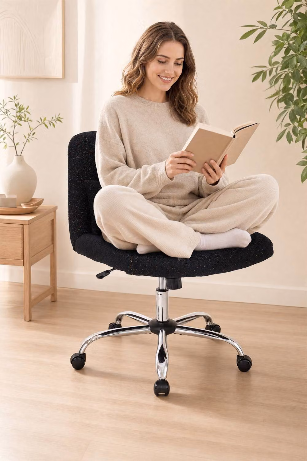 Living and Home Chenille Cross Legged Office Chair with Wide Seat and Lumbar Pillow in Black – 2