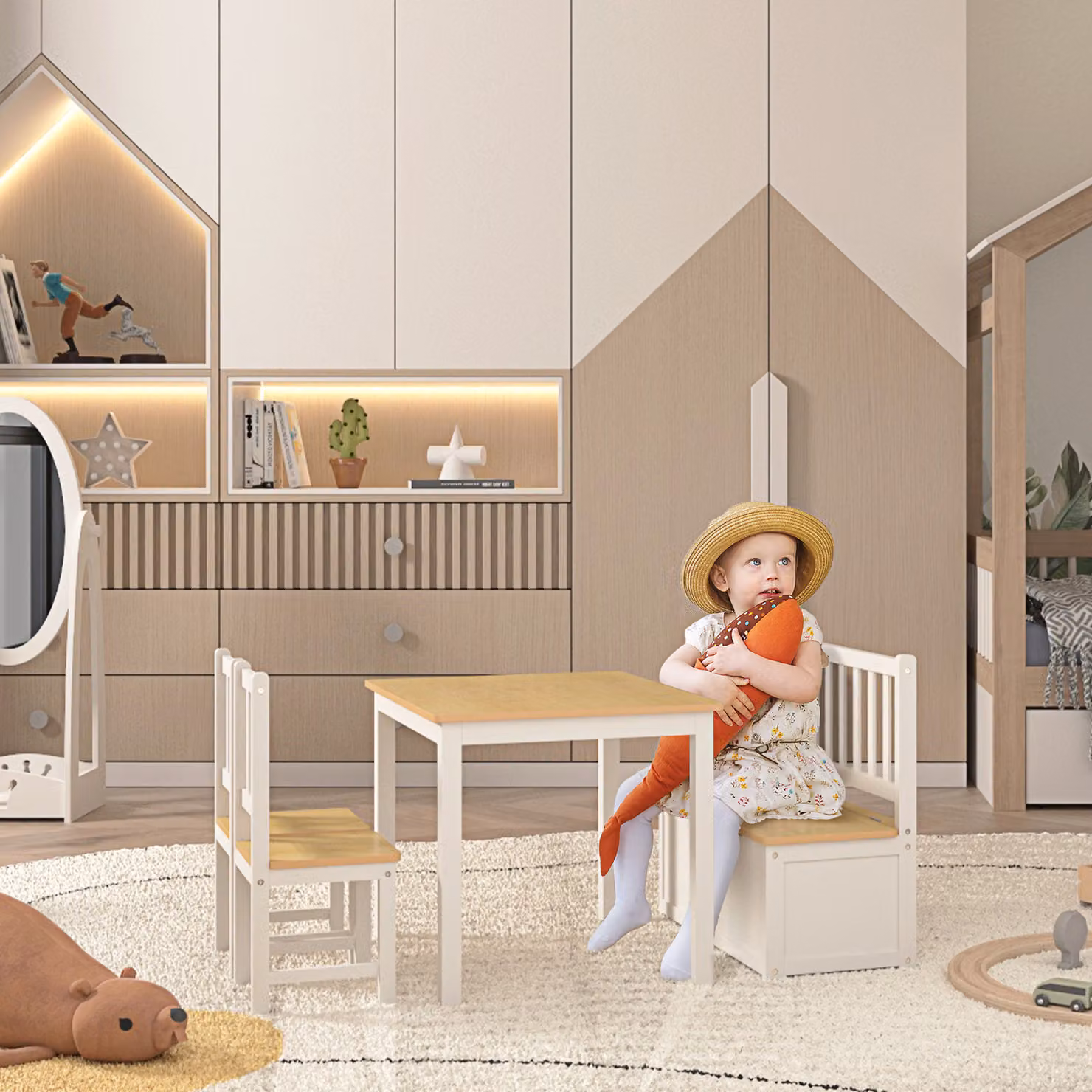 HOMCOM 4-Piece Kids Furniture Set with Table, Storage Bench and Chairs in Beige and White – 2