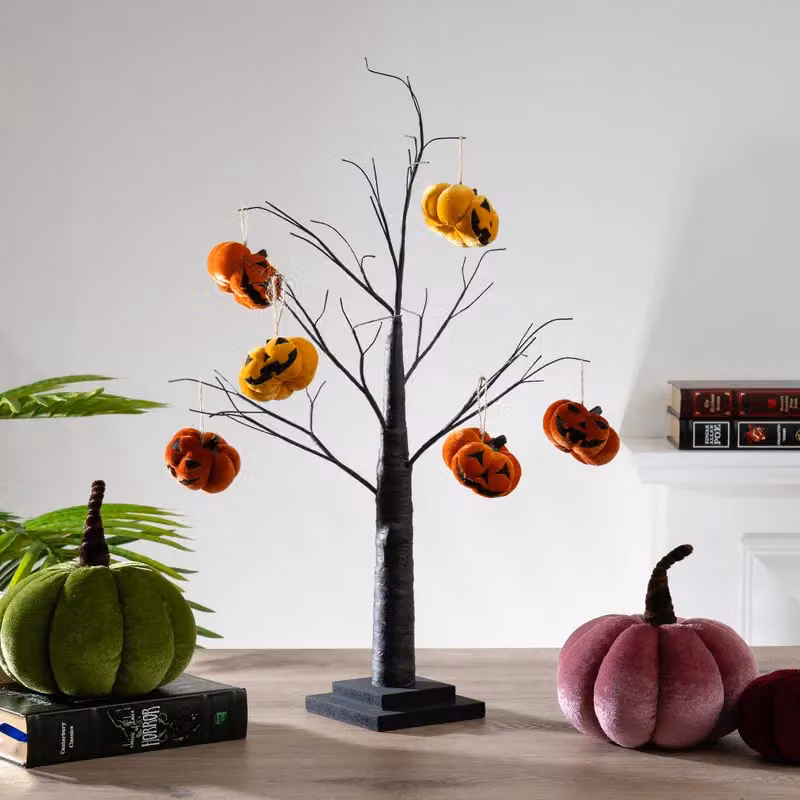 Scottish Everlastings Ltd 6pc Hanging Orange Velvet Pumpkins with Faces – 2