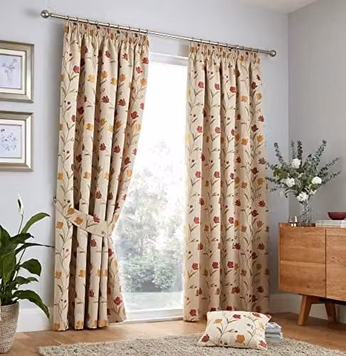 Curtina Juliette Floral Jacquard Pencil Pleat Curtains in Red and Natural, 2 Panels – 1