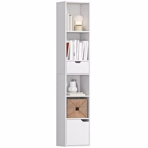 HOMCOM Narrow 6-Tier White Bookshelf with Drawer, W/D/H: 30 x 24 x 158 cm